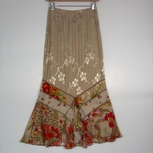 Spencer Alexis Women Skirt Small Tan Floral Silk Blend Mixed Print Maxi Boho